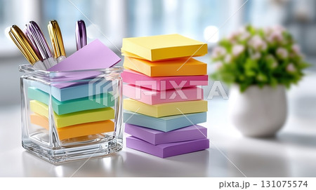Colorful Sticky Notes and Pens on a Bright Office Desk 131075574