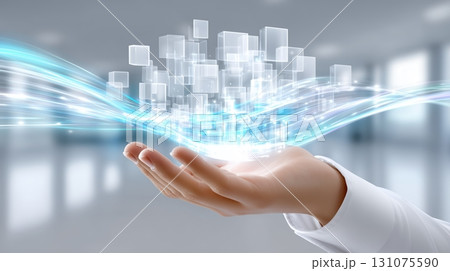 Hand presenting digital data stream with abstract cubes, symbolizing technology and future innovation 131075590