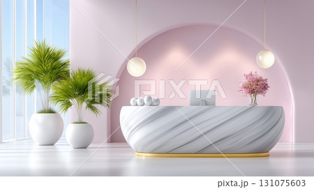 Modern reception area with marble counter, pink wall, and green plants 131075603