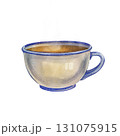 White ceramic cup with hot tea isolated on white background. Watercolor illustration a hot drink. Suitable for postcards, kitchen decor, posters, stickers, invitations, greeting cards, food design. 131075915