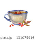 White ceramic cup with tea and red berries, decorated with autumn leaves and small berries nearby. Watercolor illustration. Suitable for postcards, kitchen decor, posters, stickers, greeting cards. 131075916