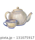 White ceramic teapot with cup on white background. Watercolor illustration have a cozy breakfast. Suitable for postcards, kitchen decor, posters, stickers, invitations, food design, greeting cards. 131075917