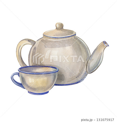 White ceramic teapot with cup on white background. Watercolor illustration have a cozy breakfast. Suitable for postcards, kitchen decor, posters, stickers, invitations, food design, greeting cards. White ceramic teapot with cup on white background. Watercolor illustration have a cozy breakfast. Suitable for postcards, kitchen decor, posters, stickers, invitations, food design, greeting cards. 131075917