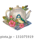 White teapot with green leaves, pink flowers and small blue and yellow bird on folded napkin. Watercolor illustration of autumn comfort. Suitable for postcards, kitchen decor, posters, stickers. 131075919
