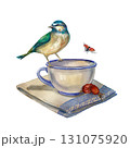 A small blue and yellow bird is sitting on a cup on a napkin, next to a rose hip and a ladybug. Watercolor illustration of autumn comfort. Suitable for postcards, kitchen decor, stickers, posters. 131075920