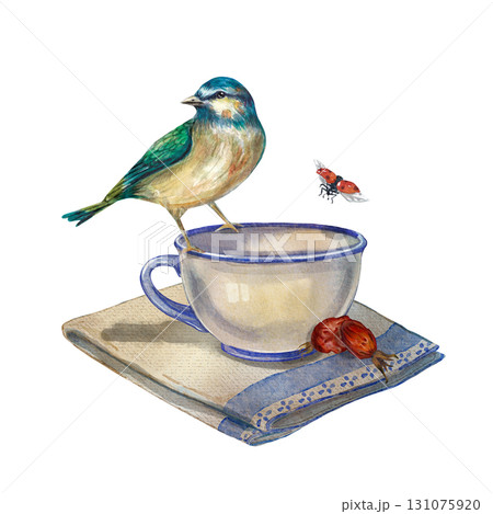 A small blue and yellow bird is sitting on a cup on a napkin, next to a rose hip and a ladybug. Watercolor illustration of autumn comfort. Suitable for postcards, kitchen decor, stickers, posters. 131075920