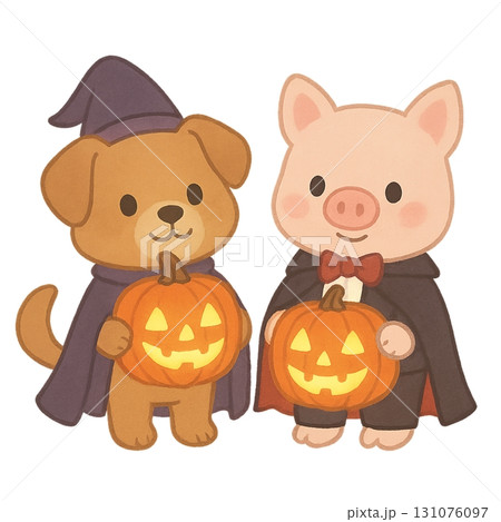 ハロウィンの仮装をした犬とブタ 131076097