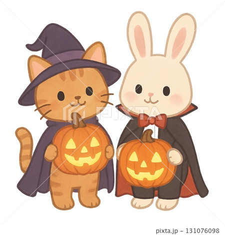ハロウィンの仮装をしたうさぎと猫 131076098