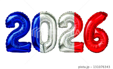 数字の2026の形のフランスの国旗柄の風船。白背景 数字の2026の形のフランスの国旗柄の風船。白背景 131076343