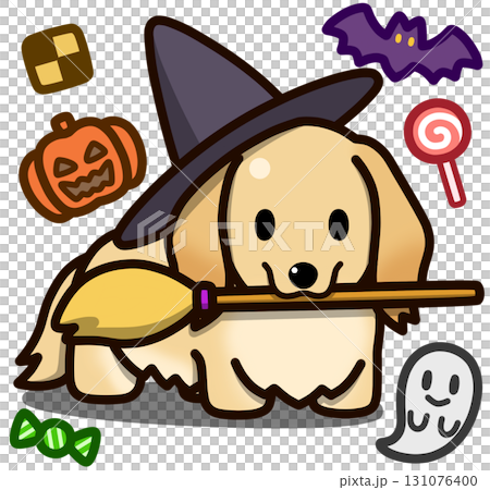 ハロウィン仮装のクリーム色のミニチュアダックスフンド 131076400