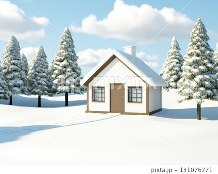 cozy winter house surrounded by snow covered trees creates serene Christmas atmosphere. bright blue sky and fluffy clouds enhance peaceful scene 131076771