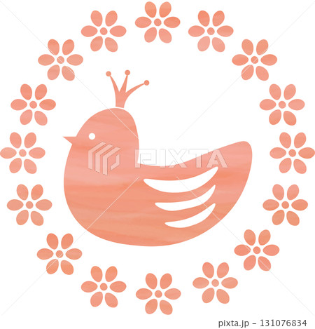 綺麗な水彩模様の花のリースと王冠鳥のアイコンのイメージのイラスト 綺麗な水彩模様の花のリースと王冠鳥のアイコンのイメージのイラスト 131076834
