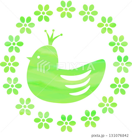 綺麗な水彩模様の花のリースと王冠鳥のアイコンのイメージのイラスト 131076842