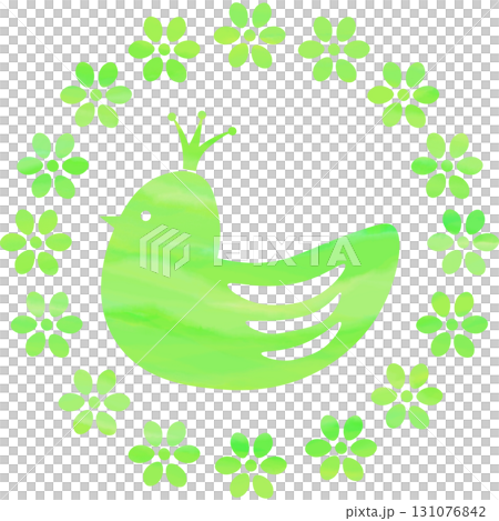 綺麗な水彩模様の花のリースと王冠鳥のアイコンのイメージのイラスト 131076842
