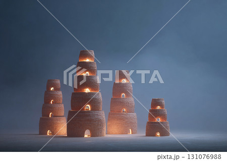 Thai style wallpaper, Coconut shell galaxy night sky mist palm tree surreal magical tropical dreamy landscape Coconut shells open to reveal glowing galaxies dreamy night sky surrounded by mist 131076988