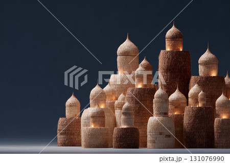 Thai style wallpaper, Coconut shell galaxy night sky mist palm tree surreal magical tropical dreamy landscape Coconut shells open to reveal glowing galaxies dreamy night sky surrounded by mist 131076990