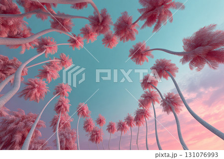Thai style wallpaper, Coconut shell galaxy night sky mist palm tree surreal magical tropical dreamy landscape Coconut shells open to reveal glowing galaxies dreamy night sky surrounded by mist 131076993