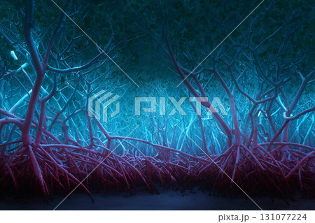 Thai style wallpaper, Mangrove roots stretch infinitely in surreal fractal pattern illuminated by blue and pink light, creating mysterious and enchanting tropical forest atmosphere Thai style wallpaper, Mangrove roots stretch infinitely in surreal fractal pattern illuminated by blue and pink light, creating mysterious and enchanting tropical forest atmosphere 131077224