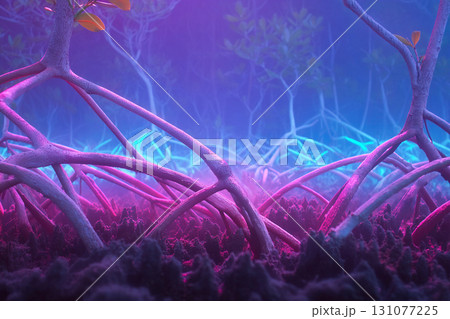 Thai style wallpaper, Mangrove roots stretch infinitely in surreal fractal pattern illuminated by blue and pink light, creating mysterious and enchanting tropical forest atmosphere Thai style wallpaper, Mangrove roots stretch infinitely in surreal fractal pattern illuminated by blue and pink light, creating mysterious and enchanting tropical forest atmosphere 131077225