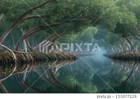 Thai style wallpaper, Mangrove roots stretch infinitely in surreal fractal pattern illuminated by blue and pink light, creating mysterious and enchanting tropical forest atmosphere Thai style wallpaper, Mangrove roots stretch infinitely in surreal fractal pattern illuminated by blue and pink light, creating mysterious and enchanting tropical forest atmosphere 131077229