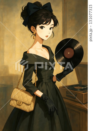 レコードを持つ黒いドレス姿の女性イラスト 131077315