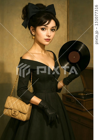 レコードを持つエレガントな黒ドレスの女性 131077316