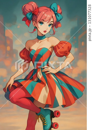 カラフルなドレスとローラースケートの女性イラスト 131077328