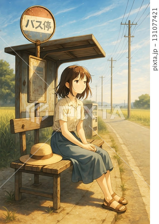 夏のバス停で佇む少女 – 田舎道のノスタルジックな風景 131077421