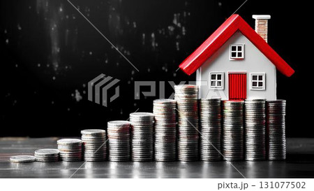 wooden house with coins wooden house with coins 131077502