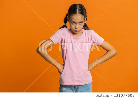 Child girl kid expressing disbelief irritation feeling bored nervous disappointed fail lose game Child girl kid expressing disbelief irritation feeling bored nervous disappointed fail lose game 131077605