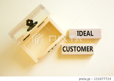 Ideal customer symbol. Concept words Ideal customer on beautiful wooden blocks. Beautiful white table white background. Empty wooden chest. Business ideal customer concept. Copy space. Ideal customer symbol. Concept words Ideal customer on beautiful wooden blocks. Beautiful white table white background. Empty wooden chest. Business ideal customer concept. Copy space. 131077724
