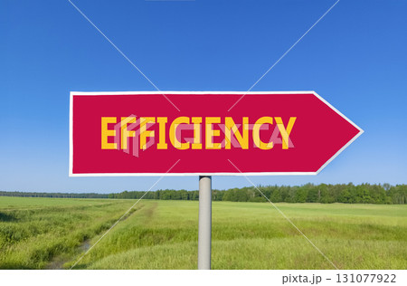Efficiency symbol. Concept word Efficiency on beautiful red road sign. Beautiful blue sky green grass and forest peaceful nature background. Business efficiency concept. Copy space. 131077922