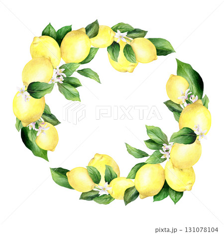 Watercolor lemon wreath is hand drawn and consists of lemons, flowers and leaves. Illustration of a citrus fruit. Isolated on white background. Suitable for food design and printing. Watercolor lemon wreath is hand drawn and consists of lemons, flowers and leaves. Illustration of a citrus fruit. Isolated on white background. Suitable for food design and printing. 131078104