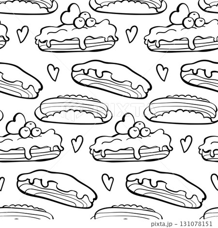 Outline seamless pattern of assorted eclairs with cream filling and heart. Perfect for coloring pages, wrapping paper, kitchen decor, packaging and pastry shop. Vector doodle illustration. Outline seamless pattern of assorted eclairs with cream filling and heart. Perfect for coloring pages, wrapping paper, kitchen decor, packaging and pastry shop. Vector doodle illustration. 131078151