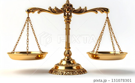 Golden scales of justice isolated on white background, symbolizing law, fairness, equality, judgment, balance, legal system, ethics, morality, and authority Golden scales of justice isolated on white background, symbolizing law, fairness, equality, judgment, balance, legal system, ethics, morality, and authority 131078301