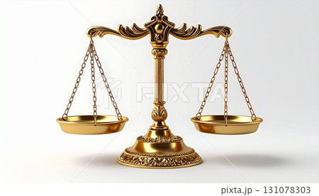 Golden scales of justice isolated on white background, symbolizing law, fairness, equality, judgment, balance, legal system, ethics, morality, and authority 131078303
