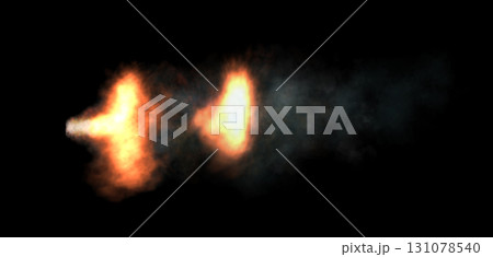 Afterfire exhaust flame burst mockup with smoke on transparent background template for automotive or VFX simulation use 131078540
