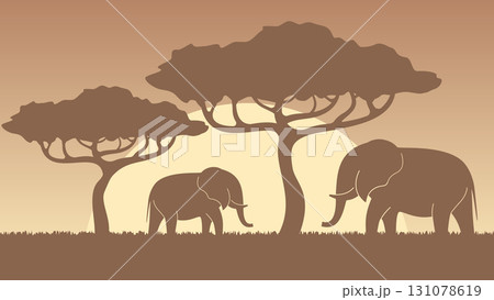 elephant silhouettes on sunset 131078619