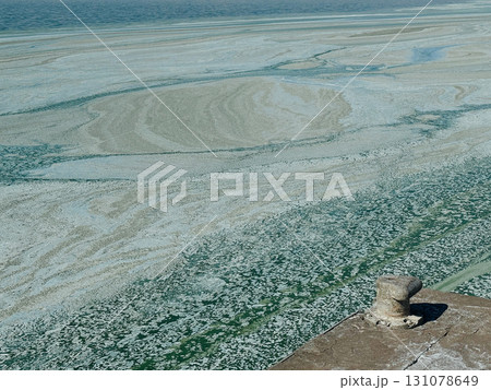A body of water covered by a green and blue substance. The sea surface is covered in a bluish-green algae. 131078649