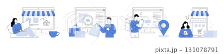 Online store. Ecommerce infographic icons. Line character with product list and customer payment for purchase. Shopping app. User experience star. Order delivery. Vector concepts set Online store. Ecommerce infographic icons. Line character with product list and customer payment for purchase. Shopping app. User experience star. Order delivery. Vector concepts set 131078791