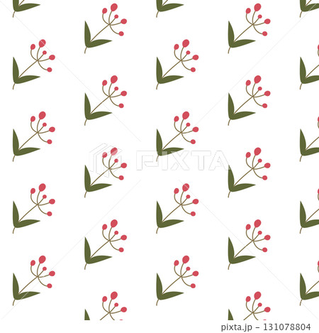 Seamless floral pattern with simple green leaves and red berries on white background for fabric wallpaper and seasonal design 131078804