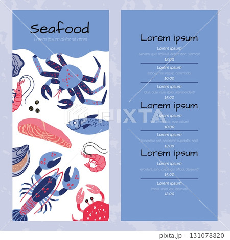 Seafood menu. Restaurant and cafe template. Fish, crab and shrimp. Fresh salmon and lobster. Delicious healthy food. Cooking ingredients. Oceanic products. Vector cartoon flat illustration 131078820