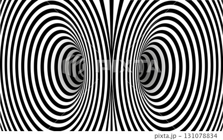 Op Art Abstract hypnotic distorted lines background. Black and white tunnel wallpaper. Psychedelic twisted stripes pattern. Horizontal template for posters, banners, cover. Vector optical illusion Op Art Abstract hypnotic distorted lines background. Black and white tunnel wallpaper. Psychedelic twisted stripes pattern. Horizontal template for posters, banners, cover. Vector optical illusion 131078834