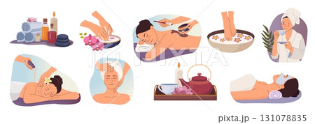 Woman spa. Beauty wellness treatments. Aromatherapy and massage with ayurvedic tea for girl. Cosmetology salon. Oil facial care and mask. Body relaxation. Vector cosmetic procedures set 131078835