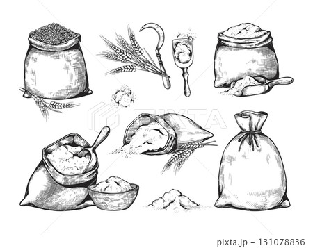 Wheat flour. Sugar sack hand drawing. Corn cereal or engraved line bread mill. Vintage bakery burlap. Baking food. Agriculture harvest. Farming sickle and scoop. Vector sketch elements set 131078836