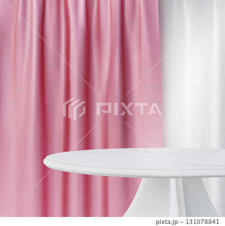 White round podium. 3d circle product scene in dining room, minimal window pink curtain and empty indoor wall. Round table and Satin textile drape, empty platform. Vector background White round podium. 3d circle product scene in dining room, minimal window pink curtain and empty indoor wall. Round table and Satin textile drape, empty platform. Vector background 131078841