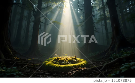 Ethereal Sunbeams on a Mystical Moss Bed in a Dark Forest 131078873