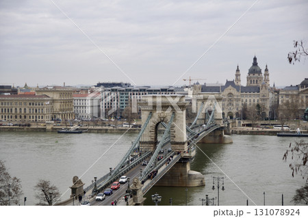 Budapest, Hungary, March 3, 2019: Szechenyi Chain Bridge over the Danube River 131078924