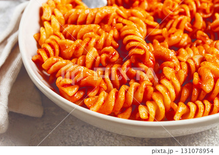 fusilli pasta dish, made with tomato sauce, homemade, no people, 131078954