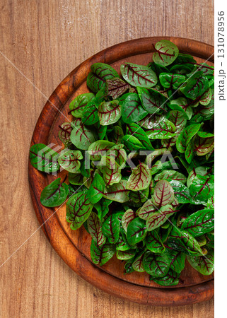 sorrel bloody Mary, fresh baby sorrel leaves, with red veins, micro-greens, on a plate, 131078956